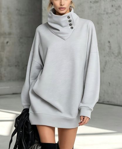 Women's Solid Pink Button-Detail Cowl Neck Long Sweatshirt Tunic Dress