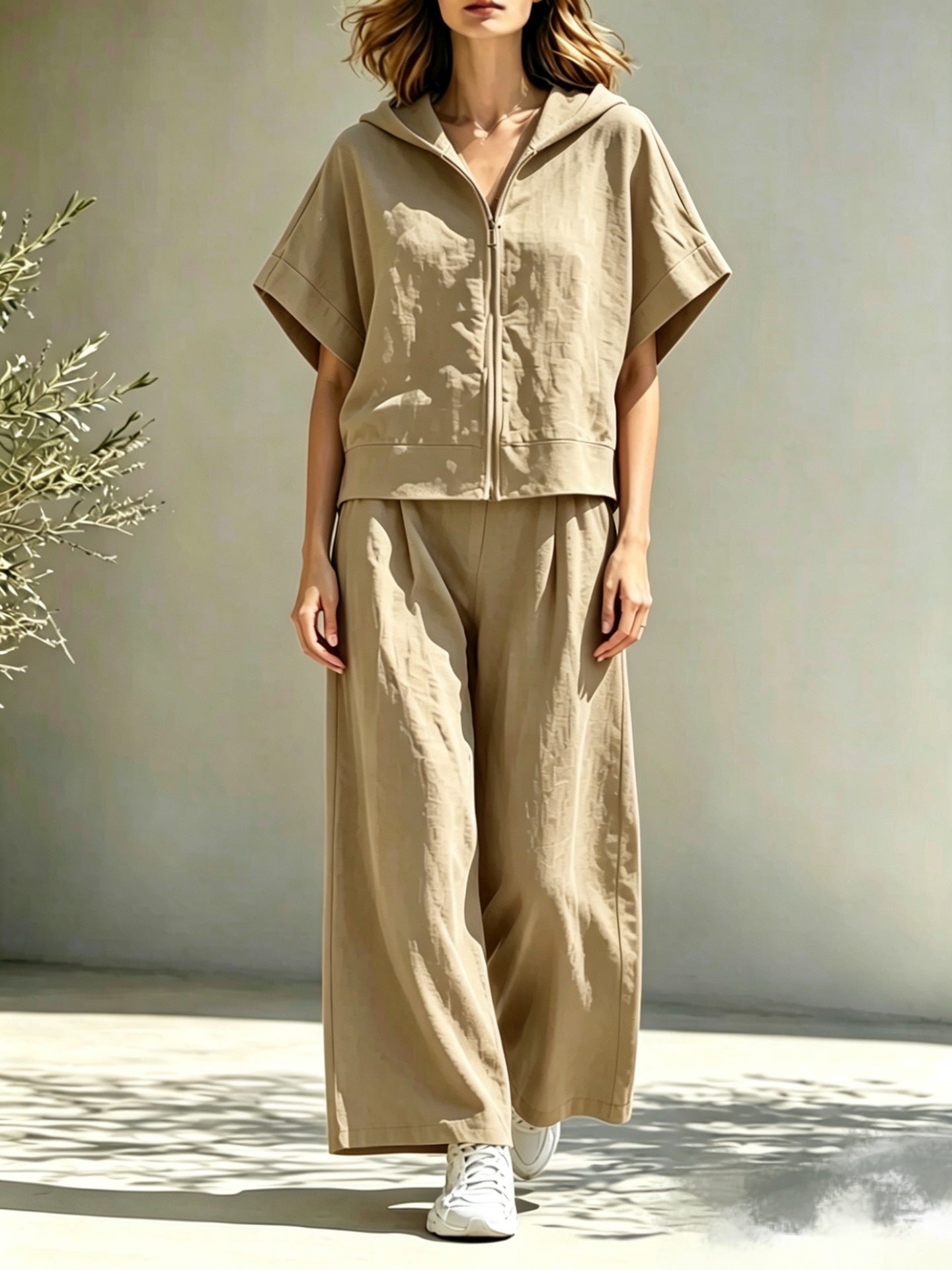 Hooded Zip Top & Wide-Leg Pants Set