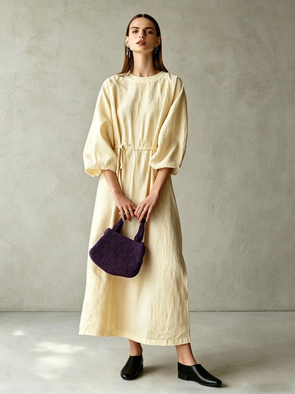 Women's Cream Textured Cotton-Blend Maxi Gown With Drop Shoulder Lantern Sleeves & Self Tie Waist Detail, Modern Effortless-Chic Everyday Maxi Dress