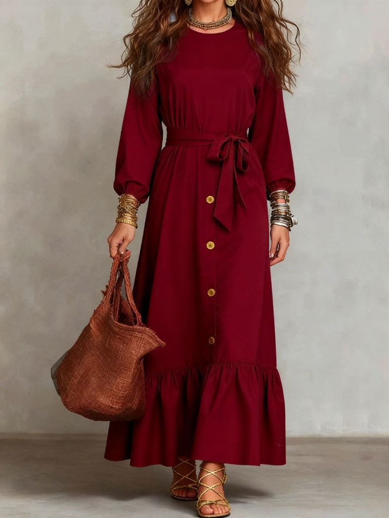 Button‑Front Tie‑Waist Tiered Ruffle Maxi Dress