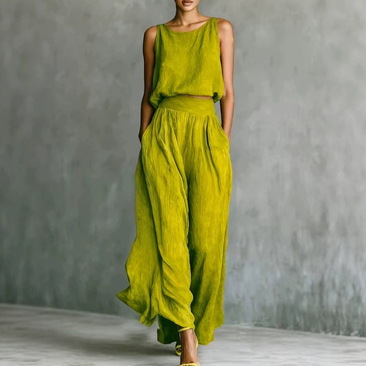 Chartreuse Textured Linen Matching Set, Sleeveless Tank Top & High Waist Flowy Wide Leg Pants
