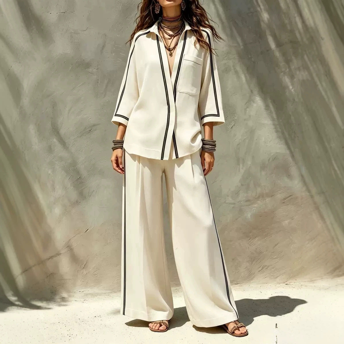 Contrast Trim Shirt & Wide‑Leg Pants Two‑Piece Set