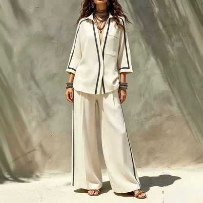Contrast Trim Shirt & Wide‑Leg Pants Two‑Piece Set