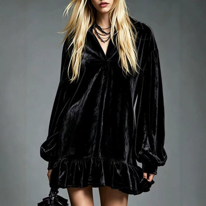 Velvet Ruffle Hem Mini Dress Women Lapel Long Sleeve Loose Casual Tunic Dress