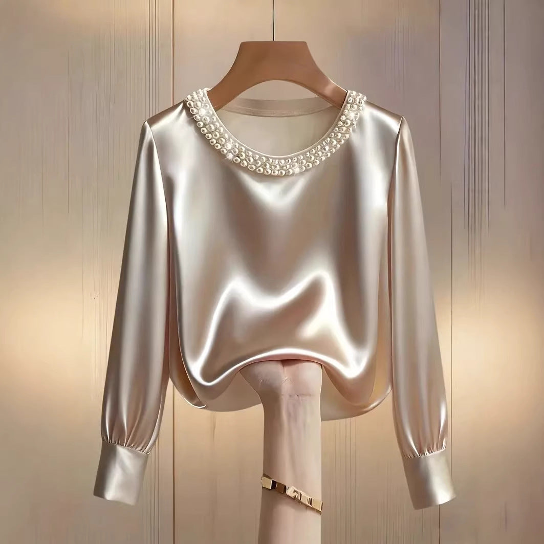 womens luxe satin pearl collar blouse fitting long