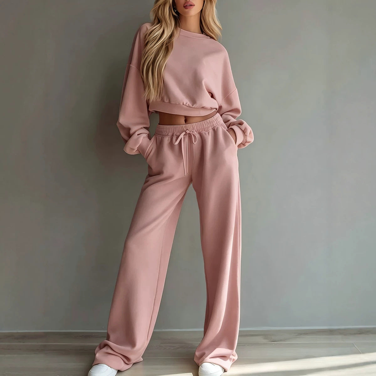 Women Casual 2‑Piece Tracksuit Set Cropped Sweatshirt Wide Leg Pants Loungewear Outfit