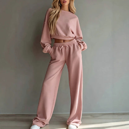 Women Casual 2‑Piece Tracksuit Set Cropped Sweatshirt Wide Leg Pants Loungewear Outfit