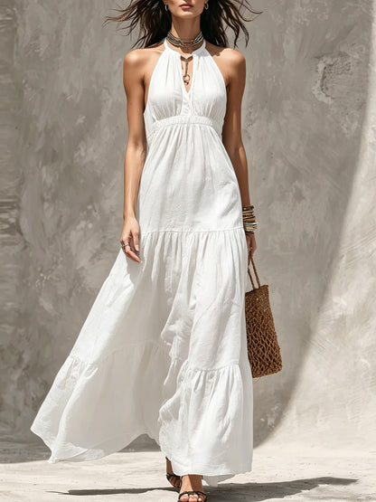 Halter Keyhole Neck Crinkled Tiered Maxi Dress