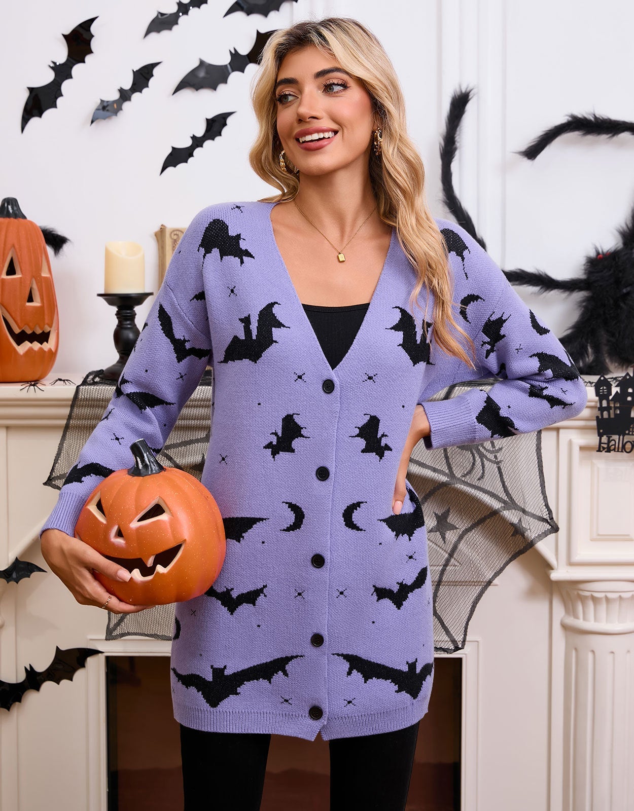 Women's Halloween Bat Moon Print V Neck Long Sleeve Button Front Knit Cardigan