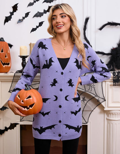 Women's Halloween Bat Moon Print V Neck Long Sleeve Button Front Knit Cardigan