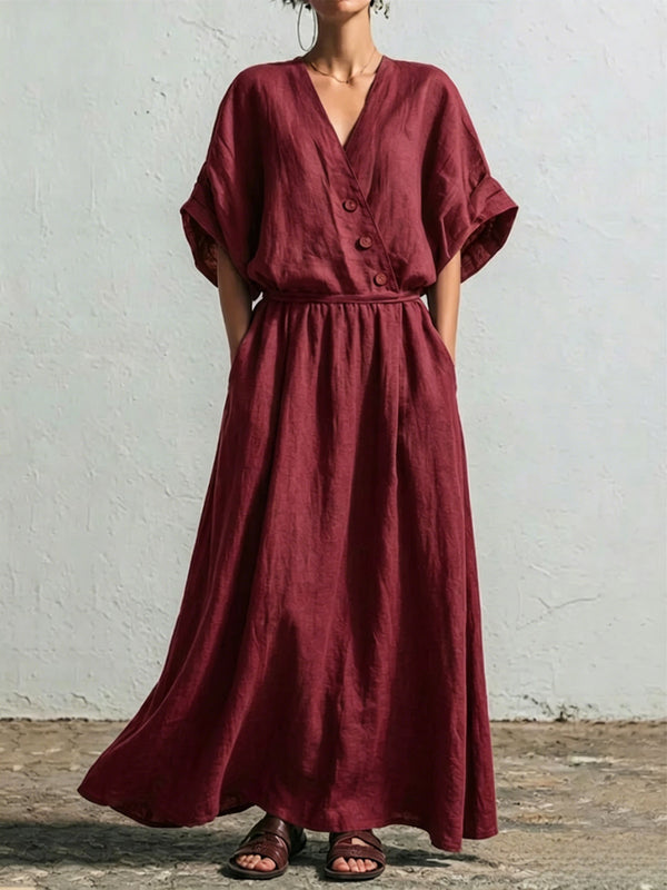 Belted Wrap Linen Blend Pocket Maxi Dress