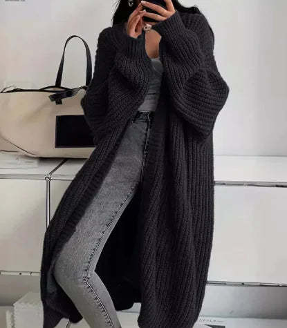 Women's Solid Chunky Knit Open Front Oversized Long Cardigan With Pockets