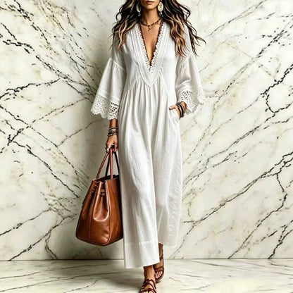 Boho Lace V‑Neck Maxi Dress Women Loose 3/4 Sleeve Beach Vacation Long Gown