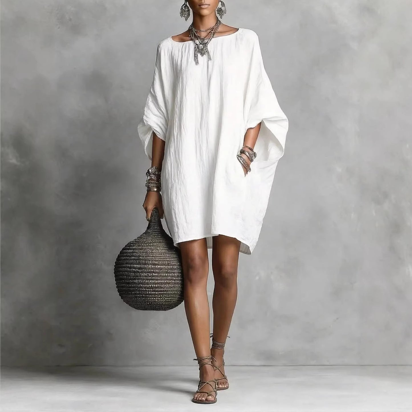 Women's Solid-color round-neck 3/4-sleeve Casual Loose Cotton-linen Dress