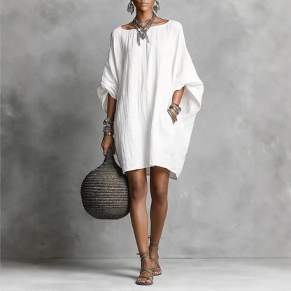 Women's Solid-color round-neck 3/4-sleeve Casual Loose Cotton-linen Dress