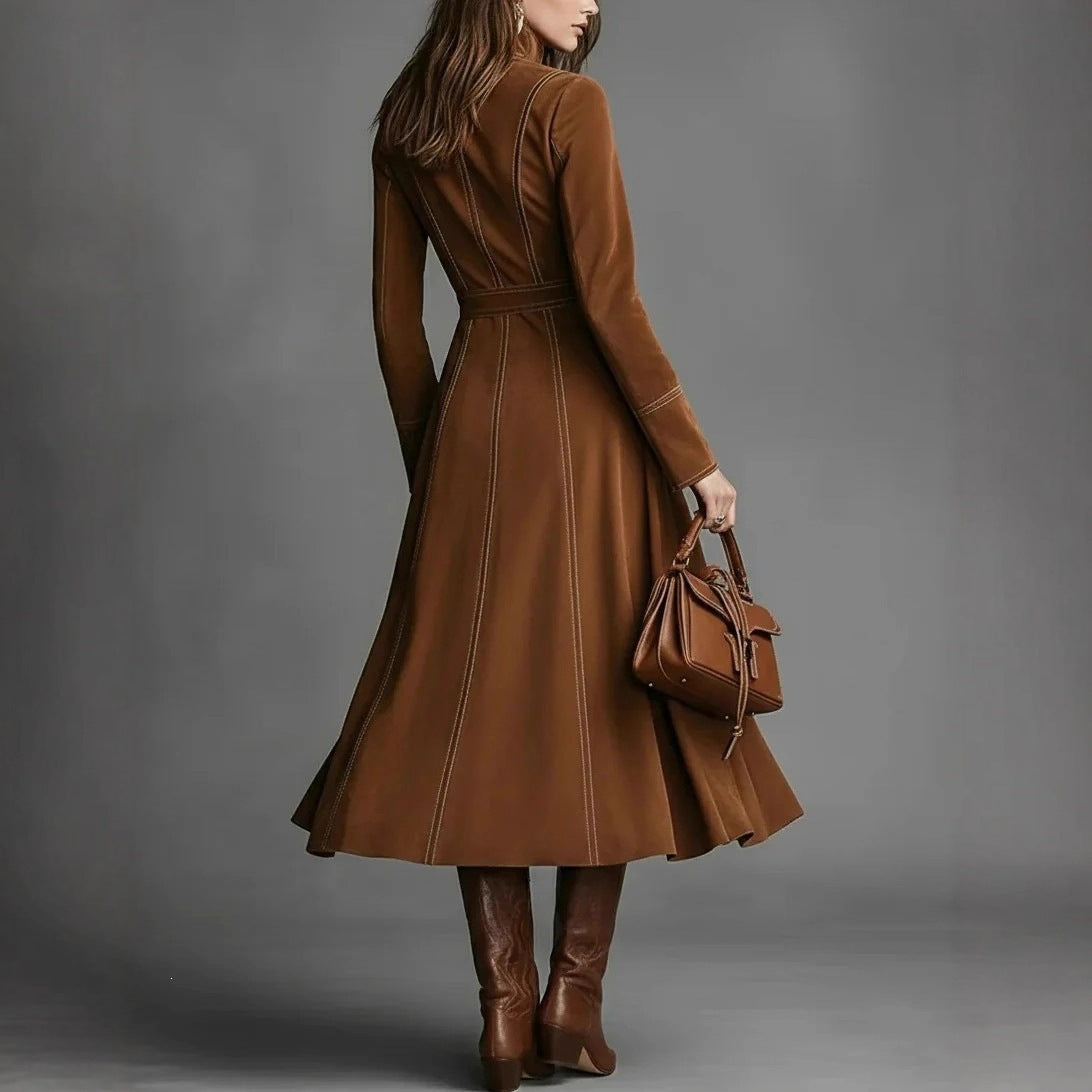 Women's Solid Brown Suede Zip‑Front Belted Long‑Sleeve Midi Dress