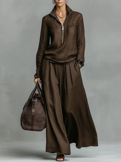 Linen Two Piece Set Women Half Zip Top & Wide Leg Pants Casual Co‑ord Outfit