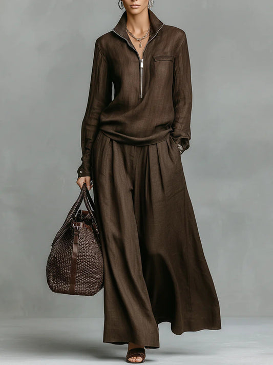 Linen Two Piece Set Women Half Zip Top & Wide Leg Pants Casual Co‑ord Outfit