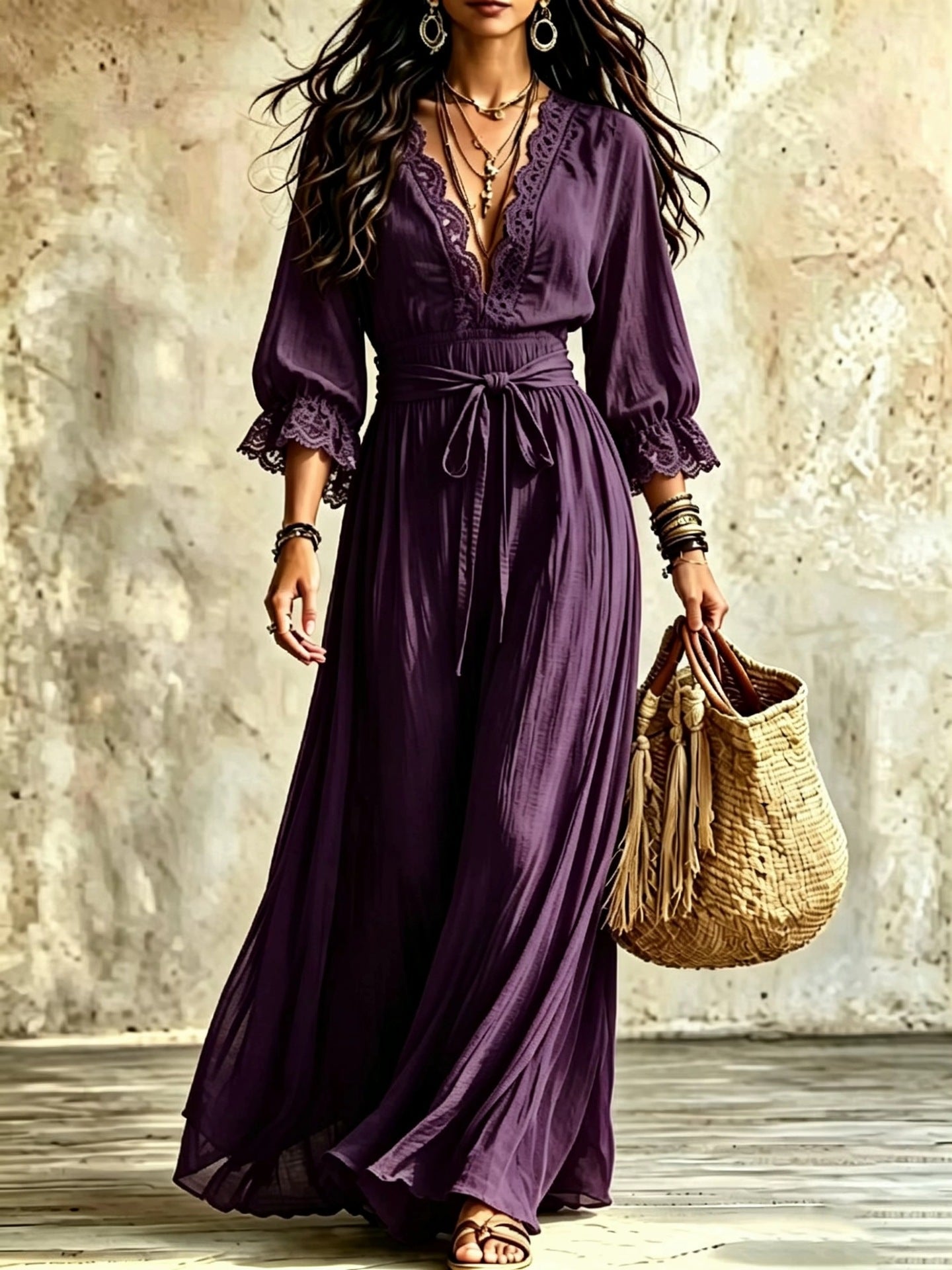 Women Boho V‑Neck Maxi Dress, 3/4 Flare Bell Sleeve Tie Waist A‑Line Flowy Long Dress Casual Vacation Beach Dress