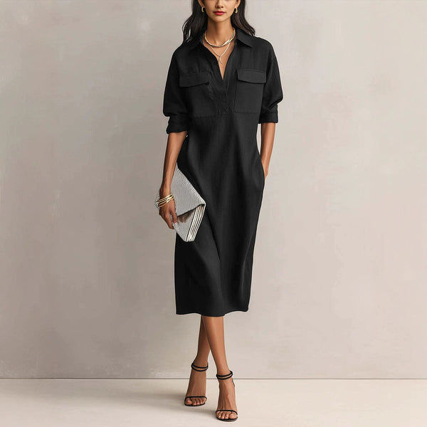 Utility Pocket Half Placket Midi Shirt Dress