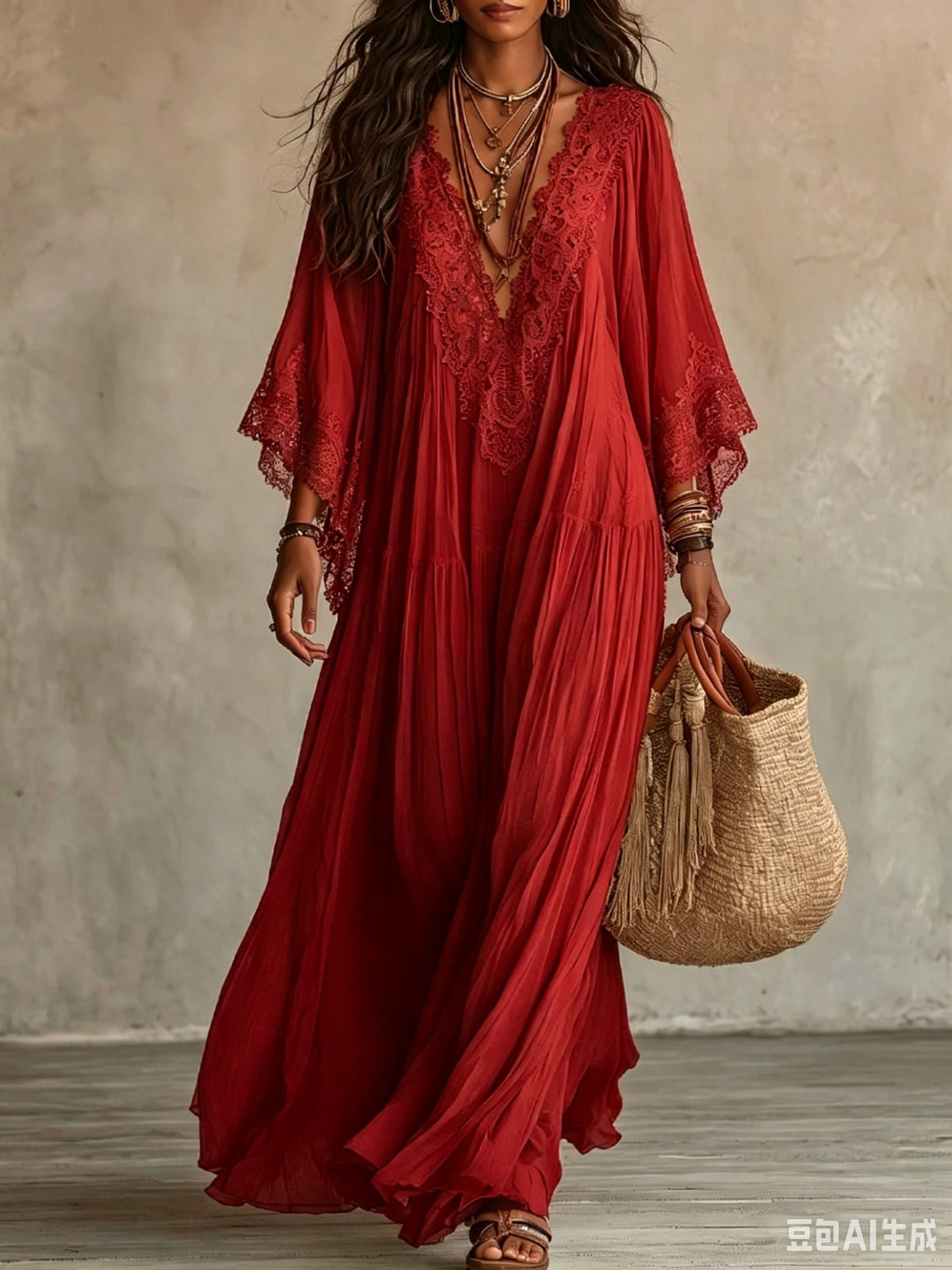 Women’s V-Neck Long Dress With Lace Detailing