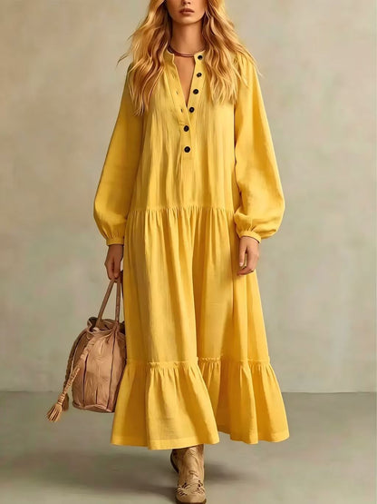Crinkled Half Button Balloon Sleeve Tiered Ruffle Maxi Dress