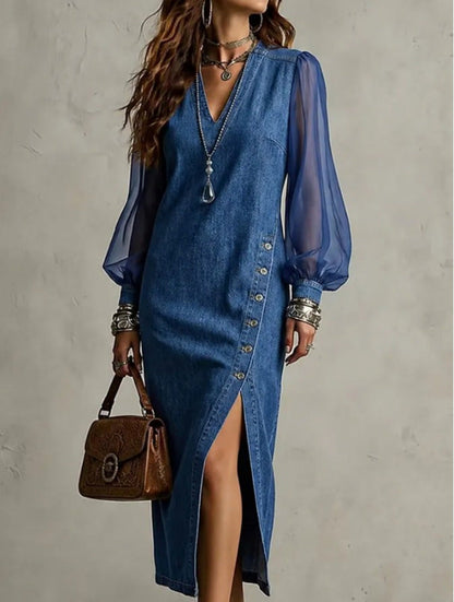 Denim Chiffon Sleeve Midi Dress With Side Button Slit