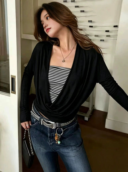 Draped Cowl Neck Knit Top with Striped Bandeau