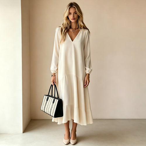 V‑Neck Long‑Sleeve Tiered Ruffle‑Hem Midi Dress