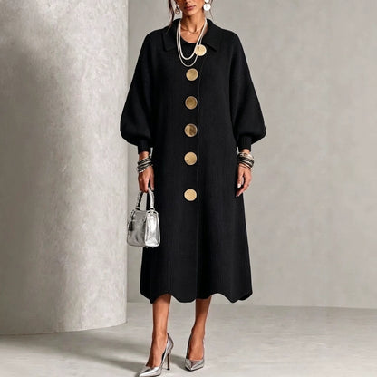 Long-sleeve Knit Dress With A Large Metal Buckle, Lapel Collar, And Lantern Sleeves