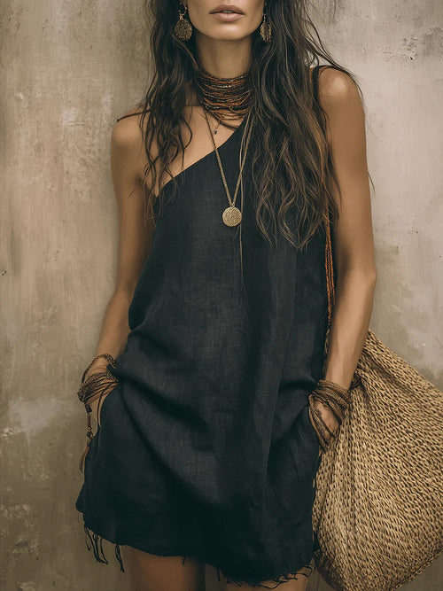 One‑Shoulder Frayed Hem Linen Blend Mini Dress With Pockets