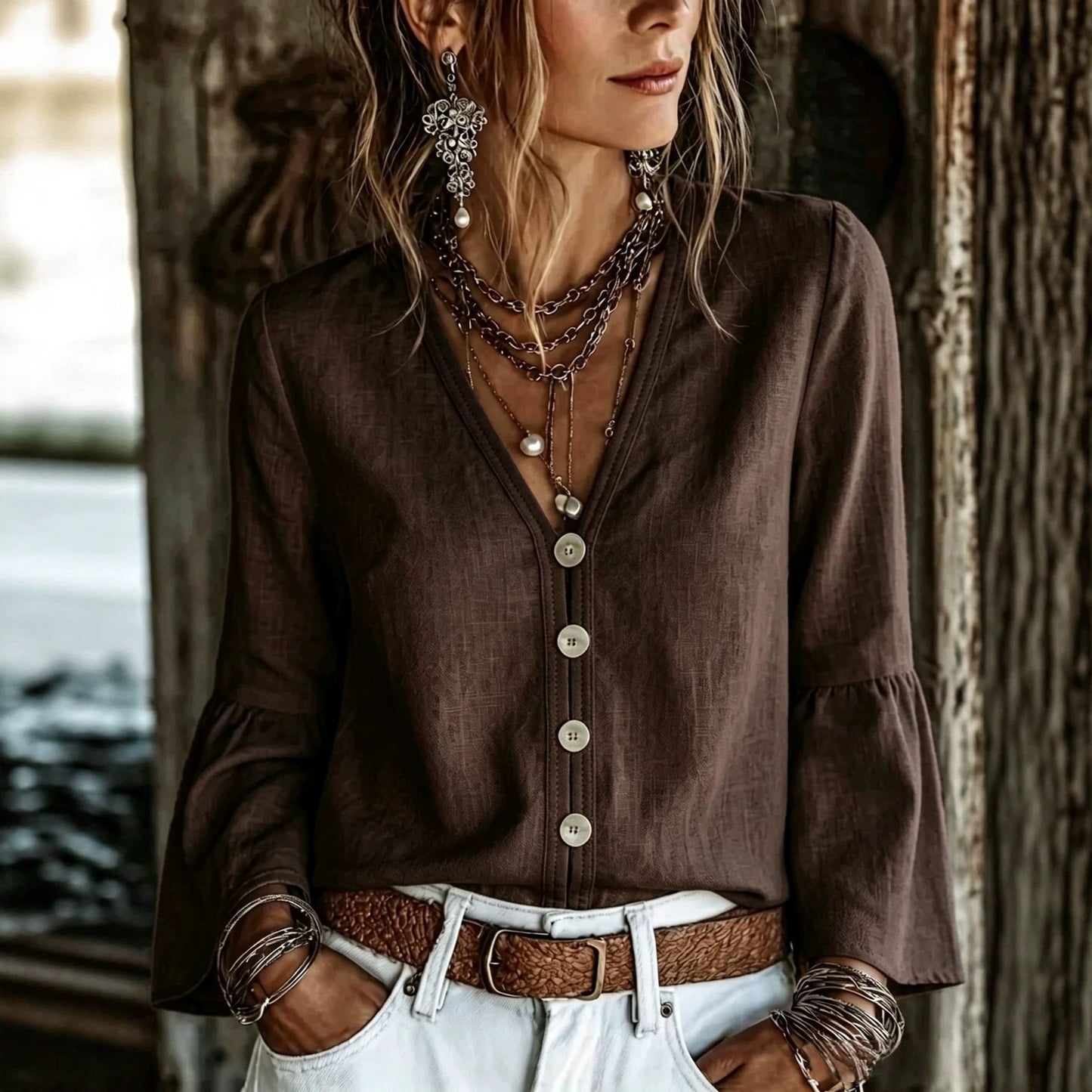 V-Neck Button-Front Bell Sleeve Blouse