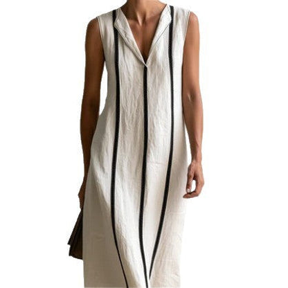 Off‑White Vertical Contrast Piping Linen Maxi Dress