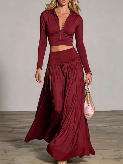 Half‑Zip Crop Top & High‑Waist Flowy Maxi Skirt Two‑Piece Set