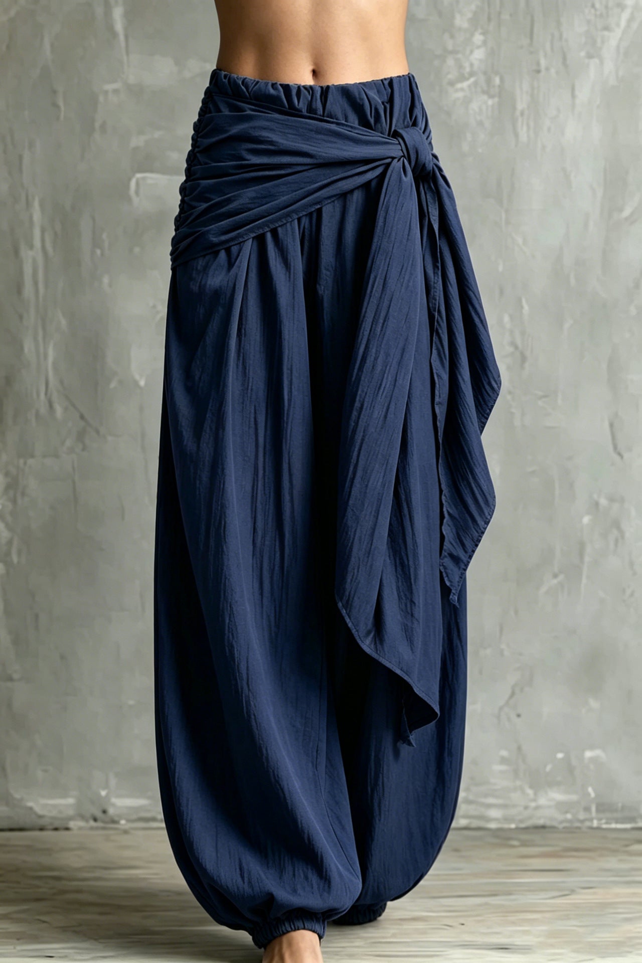 Vintage Wrap Tie Harem Pants, Loose Crinkle Cotton Linen Jogger Trousers