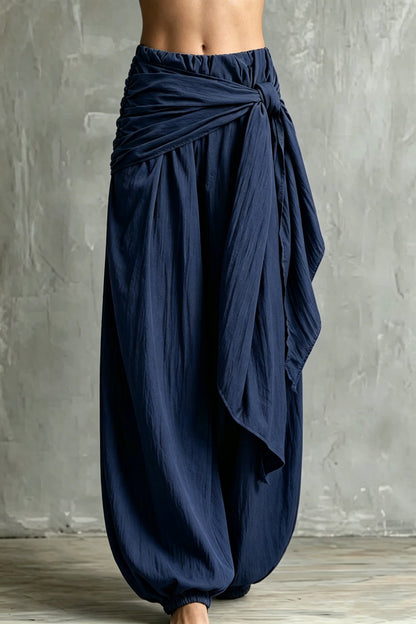 Vintage Wrap Tie Harem Pants, Loose Crinkle Cotton Linen Jogger Trousers