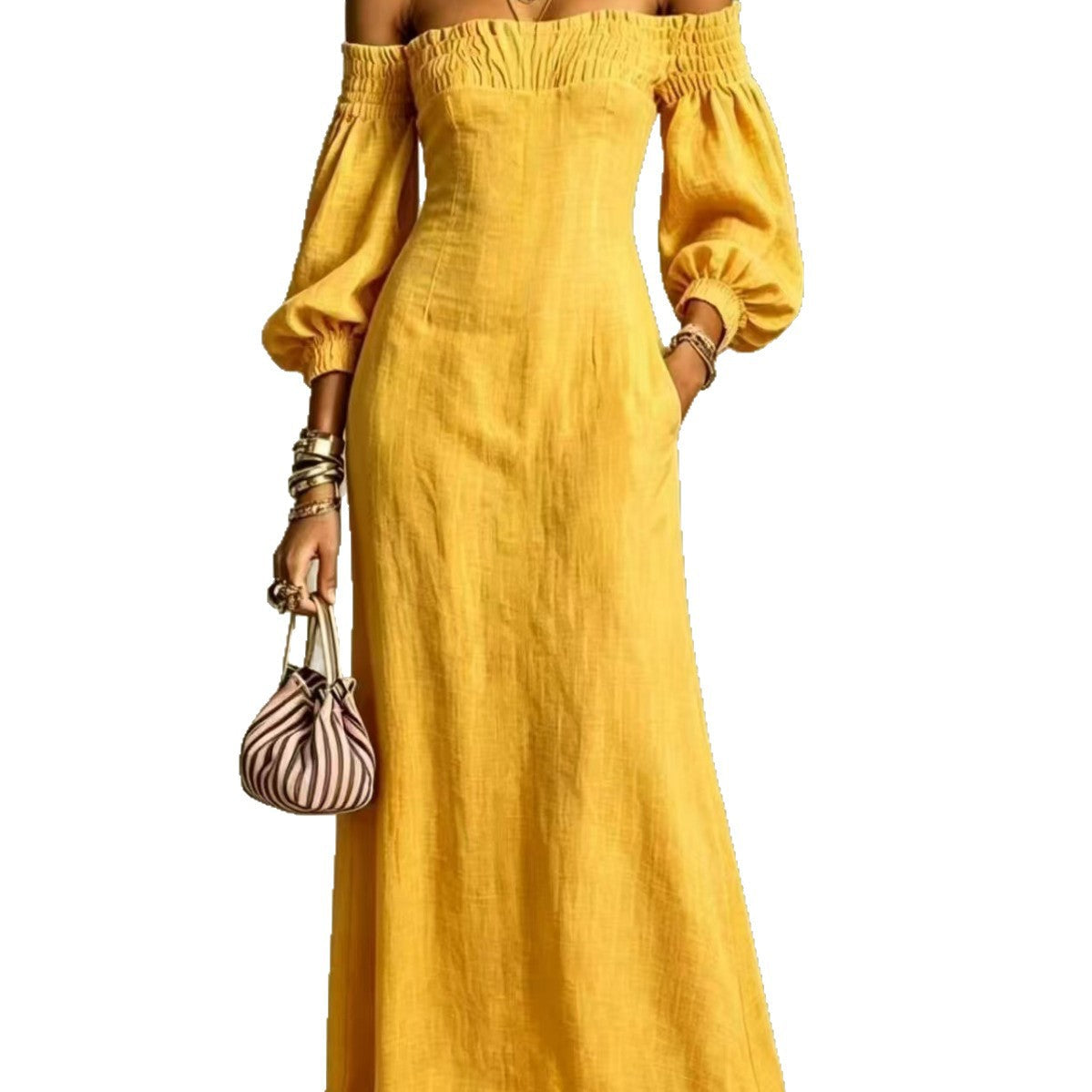 Off‑The‑Shoulder Puff‑Sleeve Linen‑Blend Maxi Dress