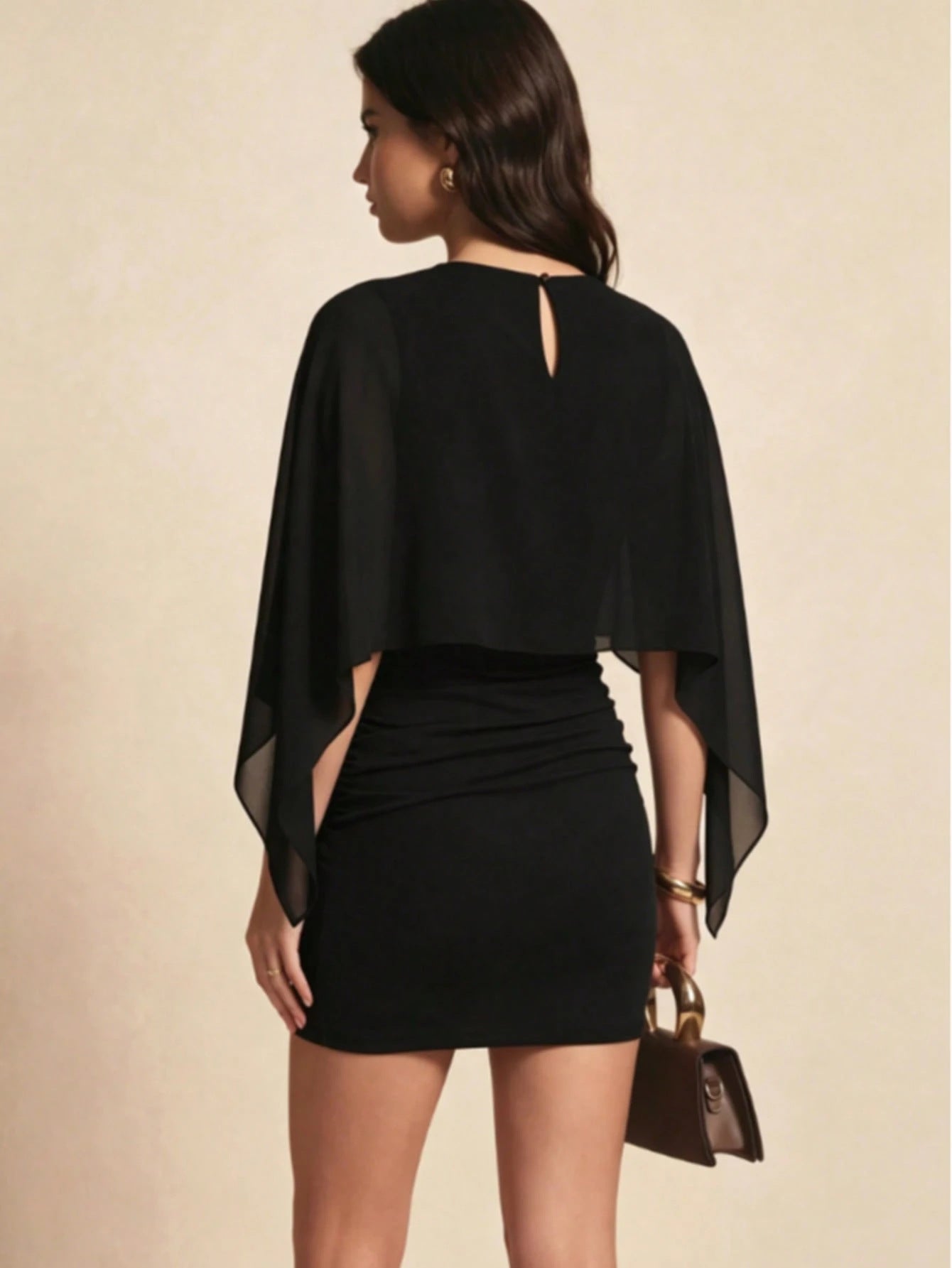 Sheer Cape Overlay High-Neck Ruched Mini Dress