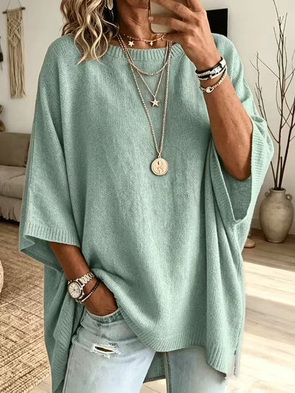 Women's Solid Brown Round Neck Batwing 3/4 Sleeve Loose Knit Tunic Sweater