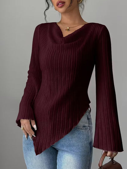 Women's White Ribbed V Neck Flare Long Sleeve Asymmetric Hem Slim Knit Top