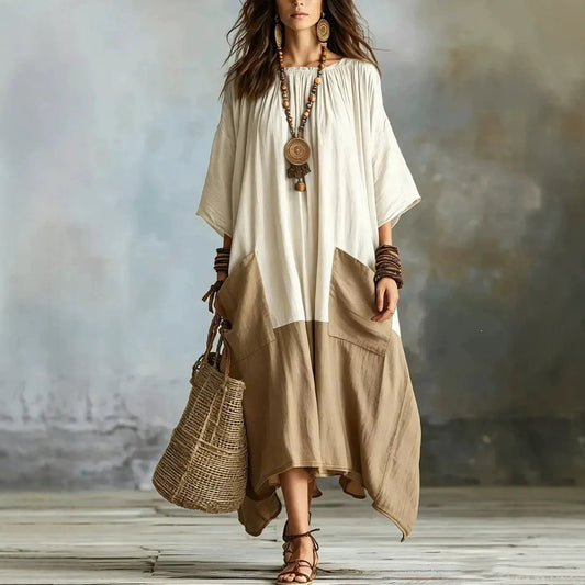 Color Block 3/4 Sleeve Round Neck Linen Blend Irregular Hem Maxi Dress With Pockets