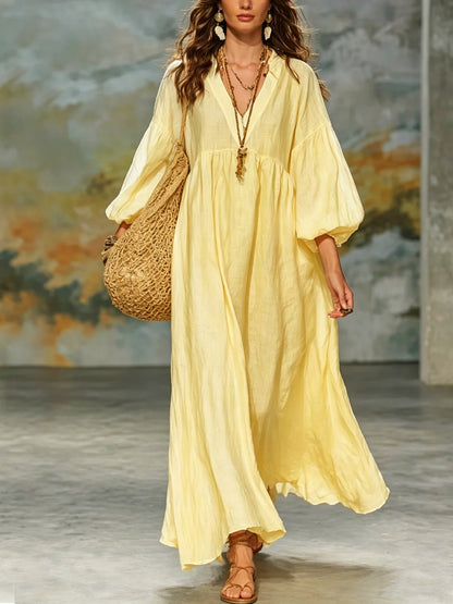 Boho V‑Neck Balloon Sleeve Linen‑Blend Maxi Dress