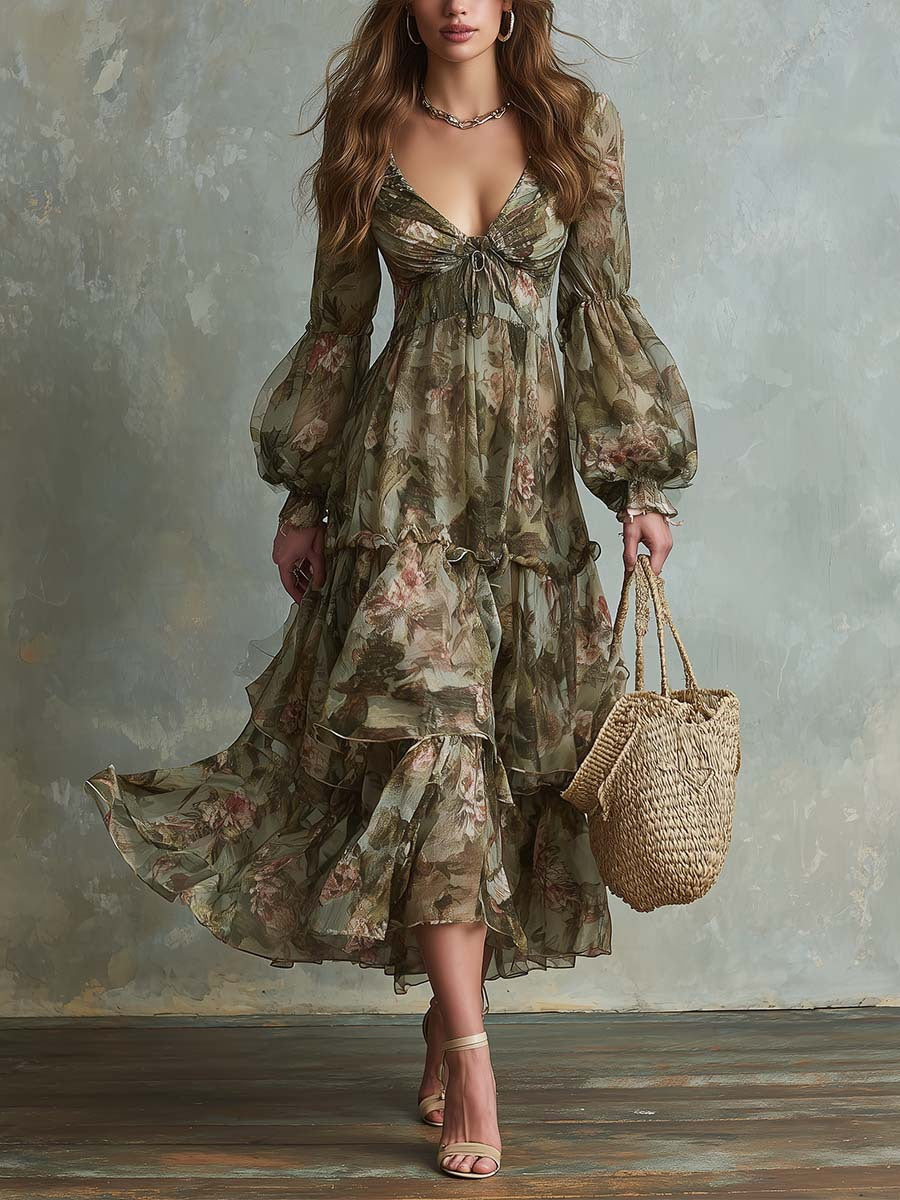 V‑Neck Lantern Sleeve Floral Tiered Maxi Dress