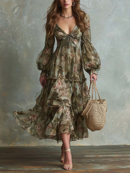 V‑Neck Lantern Sleeve Floral Tiered Maxi Dress