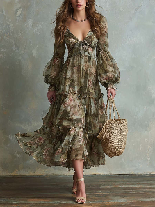 V‑Neck Lantern Sleeve Floral Tiered Maxi Dress