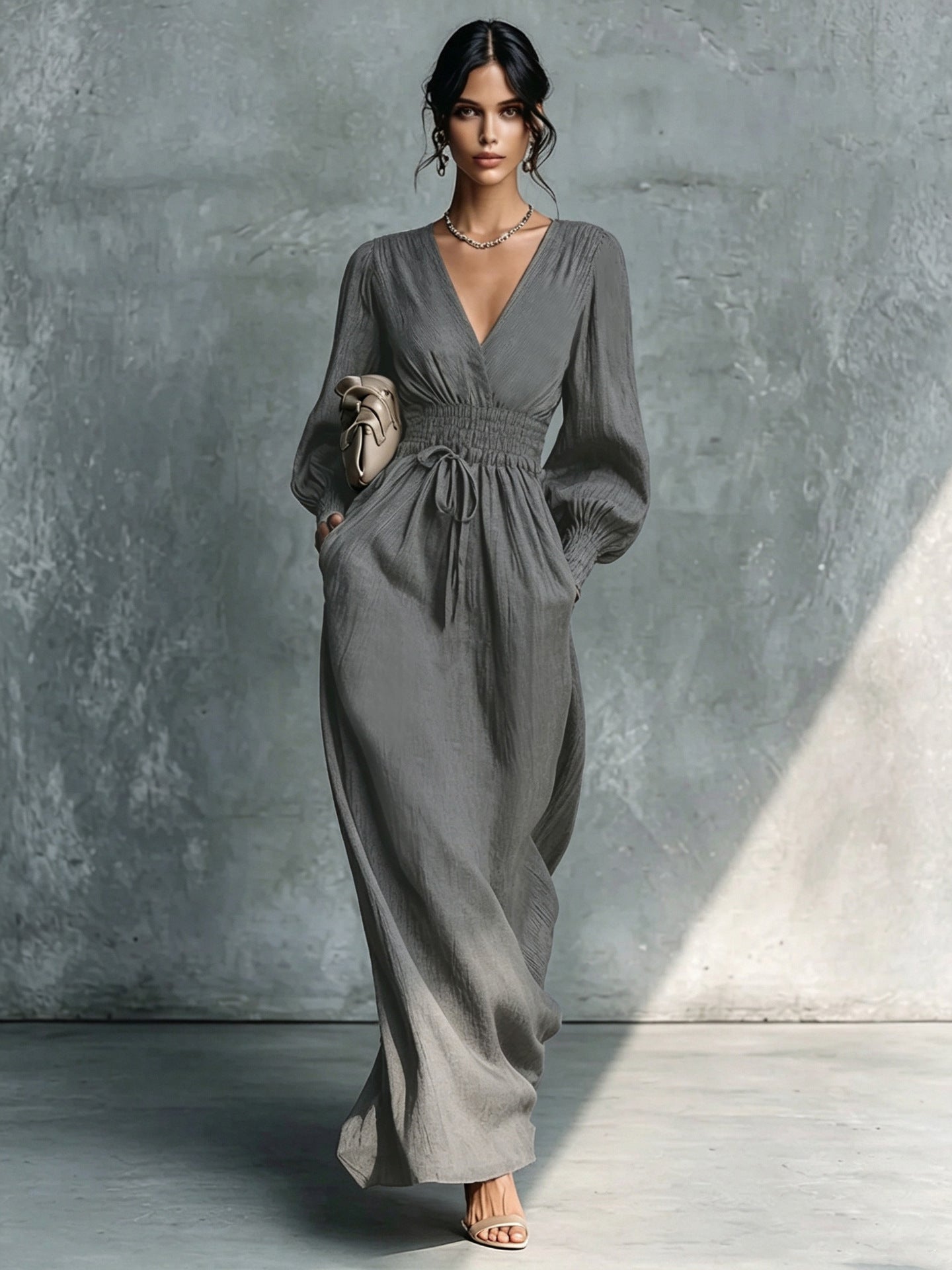 Textured V-Neck Smocked Waist Maxi Dress - Grey / S
