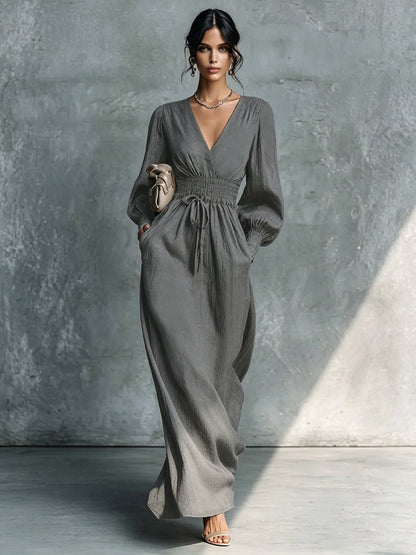 Textured V-Neck Smocked Waist Maxi Dress - Grey / S