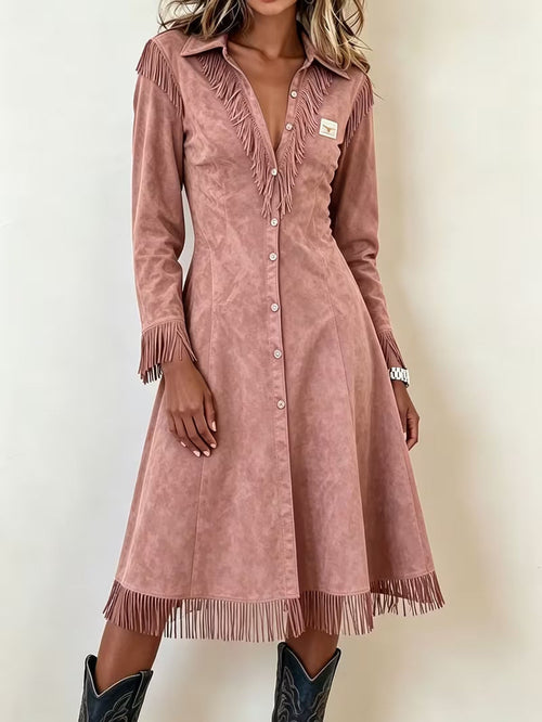 Western Suede‑Effect Fringe Button‑Front Midi Dress - lotus‑root color / S