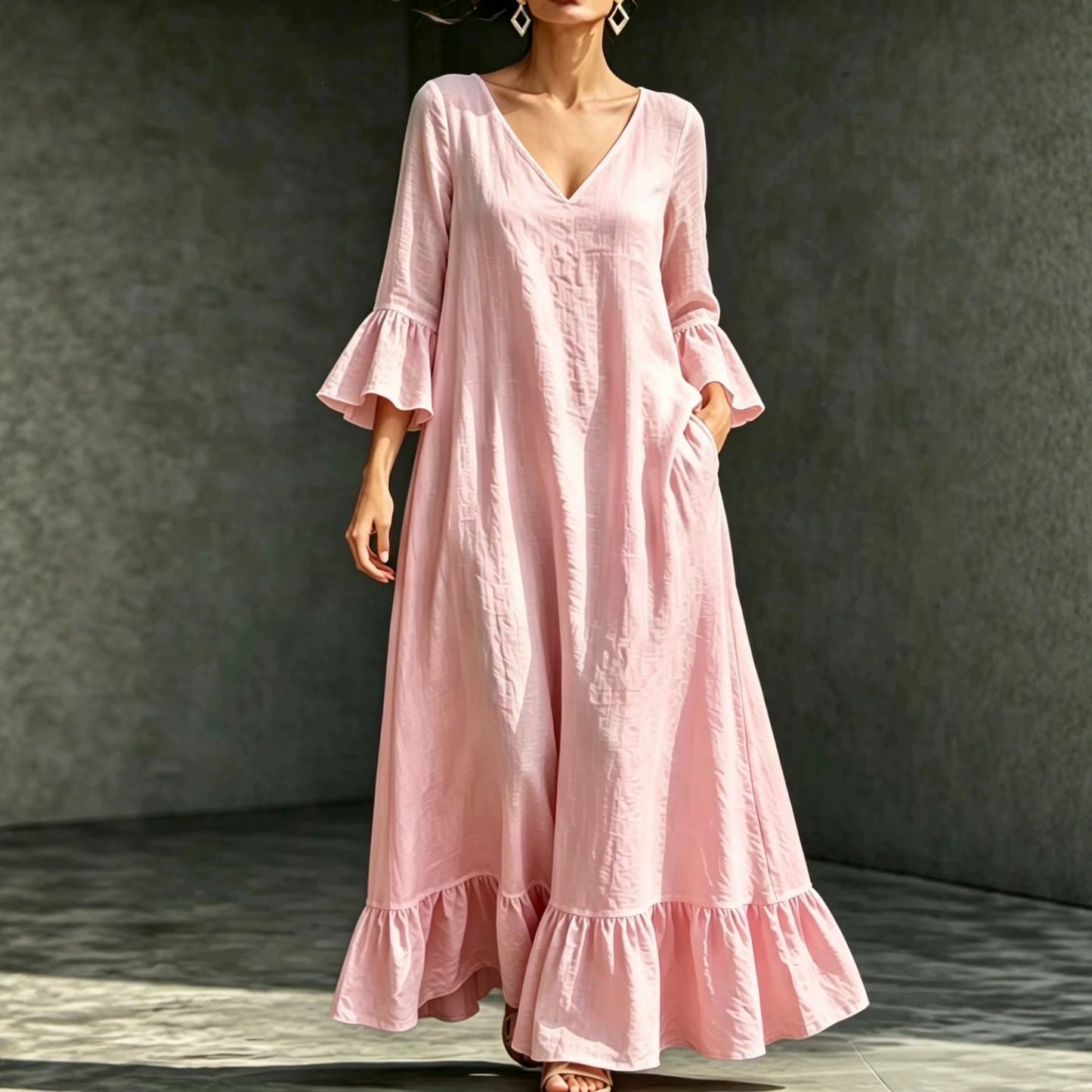 V‑Neck Ruffle Flare Sleeve Linen‑Blend Maxi Dress