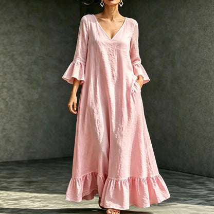 V‑Neck Ruffle Flare Sleeve Linen‑Blend Maxi Dress